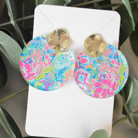 Teal Floral Notched Circle Acrylic Earring