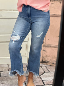 High-Rise Crop Flare Ankle Fray Hem Jean