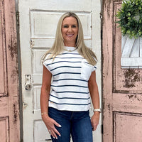 Breeze Pocket Top - White and Navy Stripes