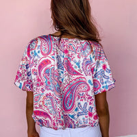 Paisley Puff Sleeve V-Neck Top