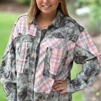 Light Teal Color Block Plaid Shirt