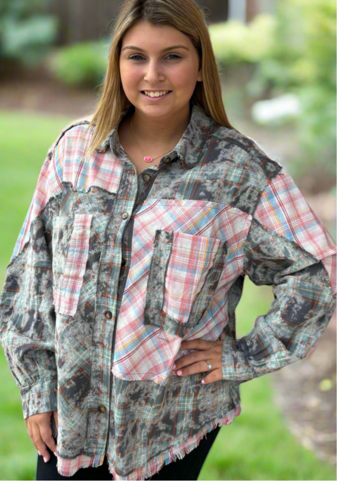 Light Teal Color Block Plaid Shirt