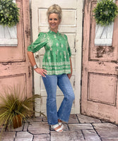 Green Peplum Border Print Button Top
