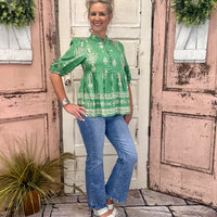 Green Peplum Border Print Button Top