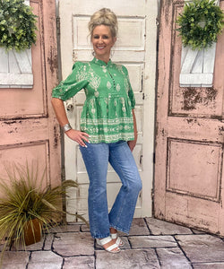 Green Peplum Border Print Button Top