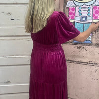 Velvet V-Neck Short Sleeve Maxi Dress - Red Dahlia