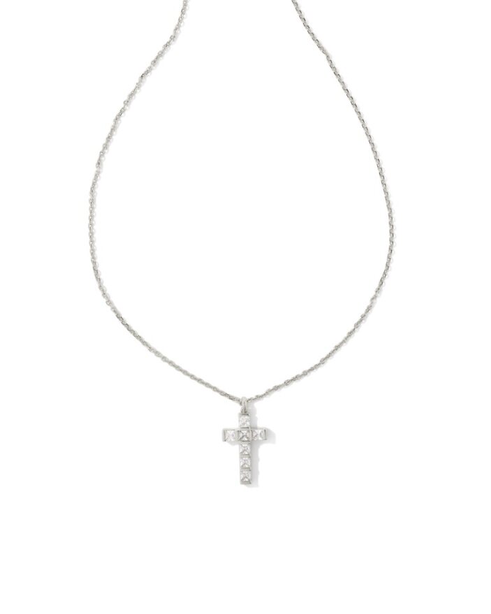 Gracie Cross Pendant Necklace Silver in White Crystal