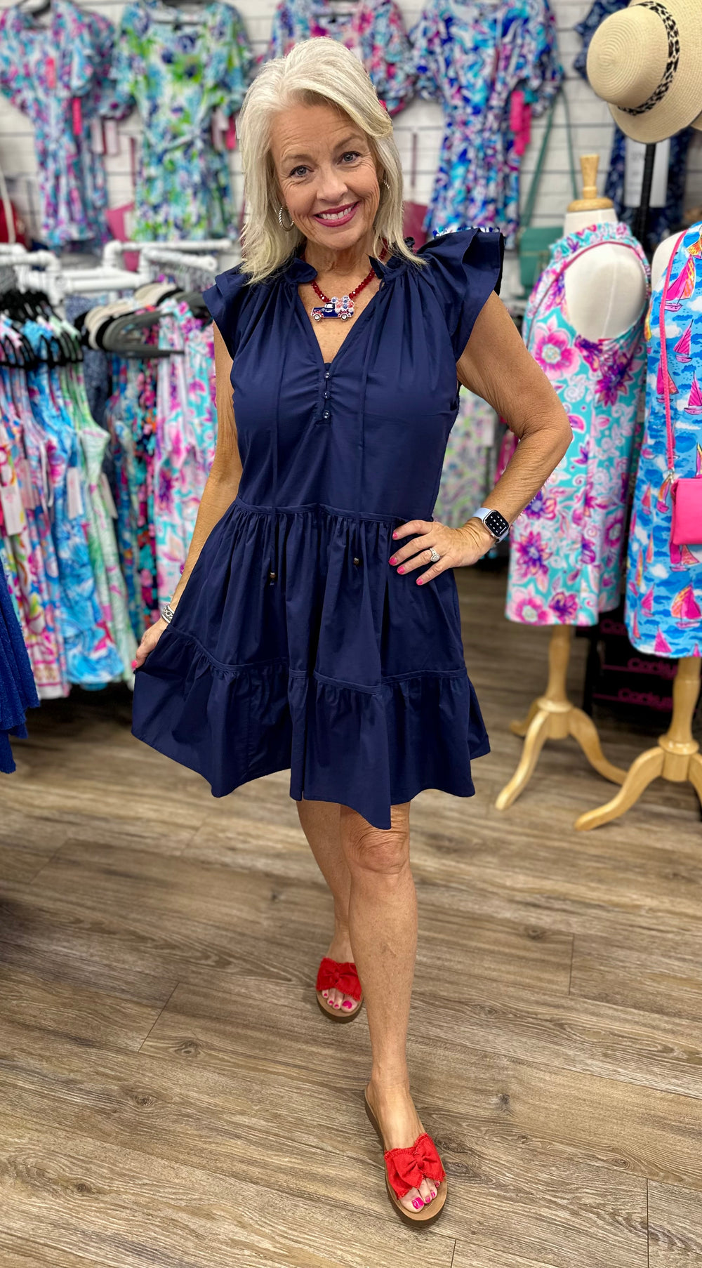 Isla Pleated Tiered Dress –  Navy