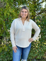 Knit V-Neck Collared Top - Cream
