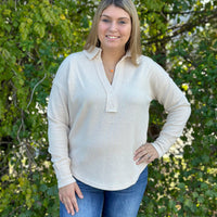 Knit V-Neck Collared Top - Cream