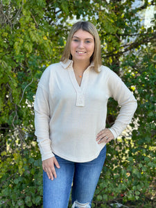 Knit V-Neck Collared Top - Cream