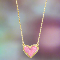 Ari Heart Gold Pendant Necklace in Pink Iridescent Glitter Glass