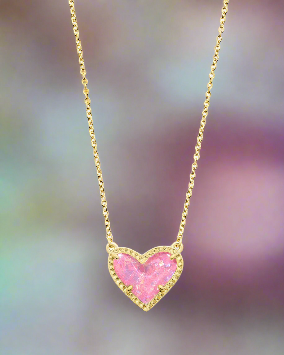 Ari Heart Gold Pendant Necklace in Pink Iridescent Glitter Glass