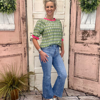 Green Contrast Print Top with Ruffle Puff Sleeves