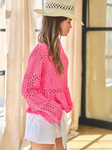 Hot Pink Crochet Long Sleeve Top