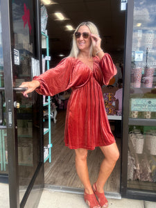 Clay Velvet Puff Sleeve V-Neck Dress