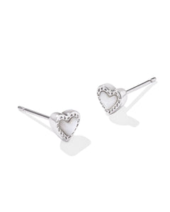 Mini Ari Heart Rhodium Stud Earrings in Ivory Mother of Pearl