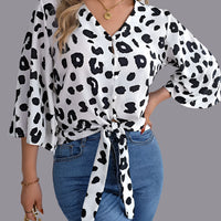 Leopard Print Lace-Up Chiffon Top