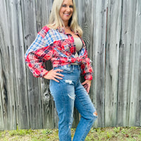 Red Color Block Plaid Shirt