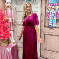 Velvet V-Neck Short Sleeve Maxi Dress - Red Dahlia