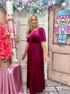 Velvet V-Neck Short Sleeve Maxi Dress - Red Dahlia