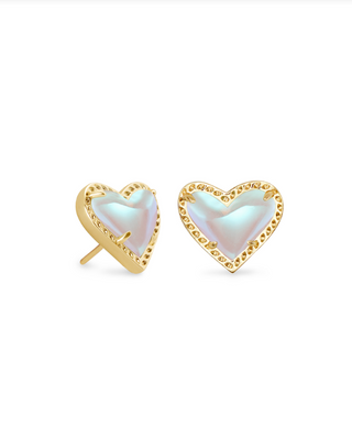 Finish | Gold tone
Material | Dichroic Glass
Design | Asymmetrical heart studs
Dimensions | 0.49' L x 0.57' W on earpost
Closure | Earpost