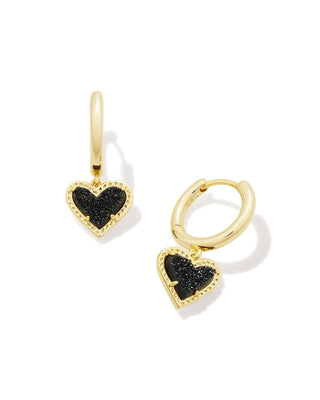 Brand | Kendra Scott
Style | Huggie earrings with asymmetrical heart charms
Material | Black Drusy
Finish | Gold tone
Hoop Size | 0.6-inch outside diameter
Charm Size | 0.33 inches long x 0.28 inches wide