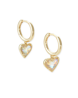 Brand | Kendra Scott
Style | Huggie earrings with asymmetrical heart charms
Material | Dichroic glass
Finish | Gold tone
Hoop Size | 0.6-inch outside diameter
Charm Size | 0.43 inches long x 0.4 inches wide