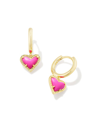 Brand | Kendra Scott
Style | Huggie earrings with asymmetrical heart charms
Material | Neon Pink Magnesite
Finish | Gold tone
Hoop Size | 0.6-inch outside diameter
Charm Size | 0.33 inches long x 0.28 inches wide