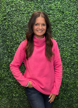 Neckline | High neck
Sleeve | Long sleeve
Fabric | 65% polyester, 31% spandex knit
Stretch | Excellent stretch with great recovery
Hot Pink Mock Neck Top