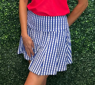 a blue and white gingham pleated mini skirt with a matching waistband