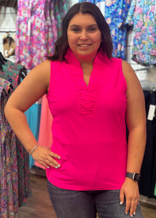 Aryeh Evelyn Sleeveless Top - Neon Pink
Features: Sleeveless top with vneck ruffle detail in Neon Pink