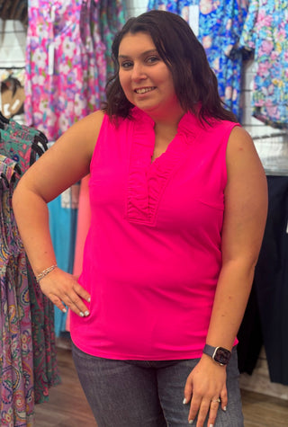 Aryeh Evelyn Sleeveless Top - Neon Pink
Features: Sleeveless top with vneck ruffle detail in Neon Pink