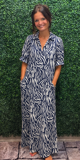 V-Neck Collar Maxi Dress - Navy Zebra