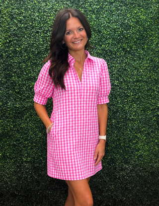 a pink and white gingham dress. The dress has short puff sleeves, a button-down front, and side pockets.