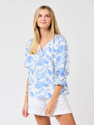 Ashlyn V-neck blouse Porcelain Vines blue women's boutique top with smocked cuff sleeves