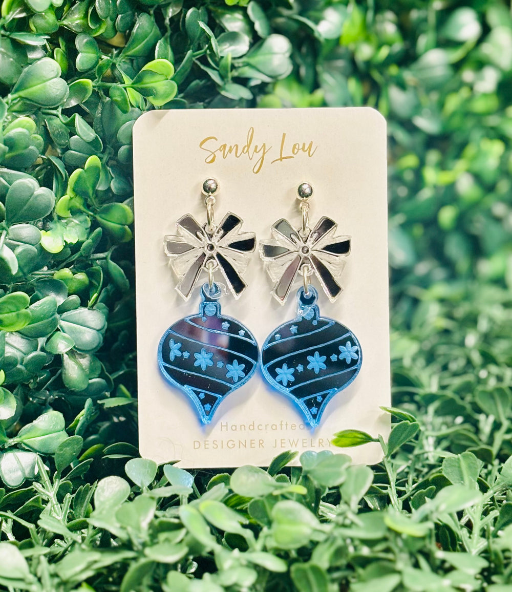Festive Blue Holiday Ornament Bow Earrings