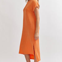 Orange Ribbed Short Sleeve Maxi Dress