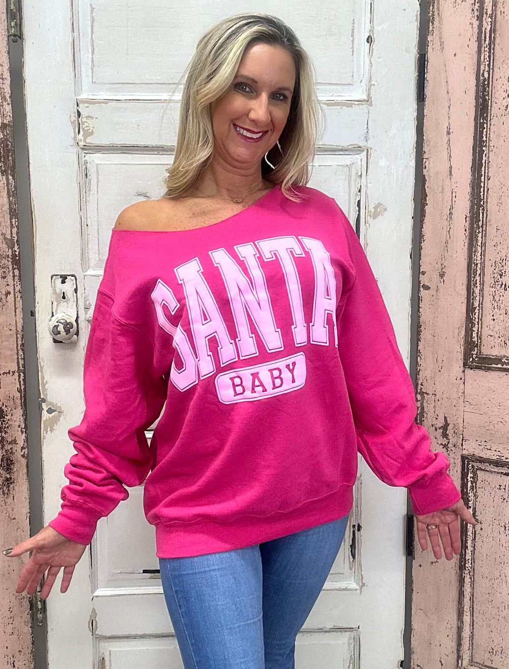 Santa Baby Off-Shoulder Sweatshirt