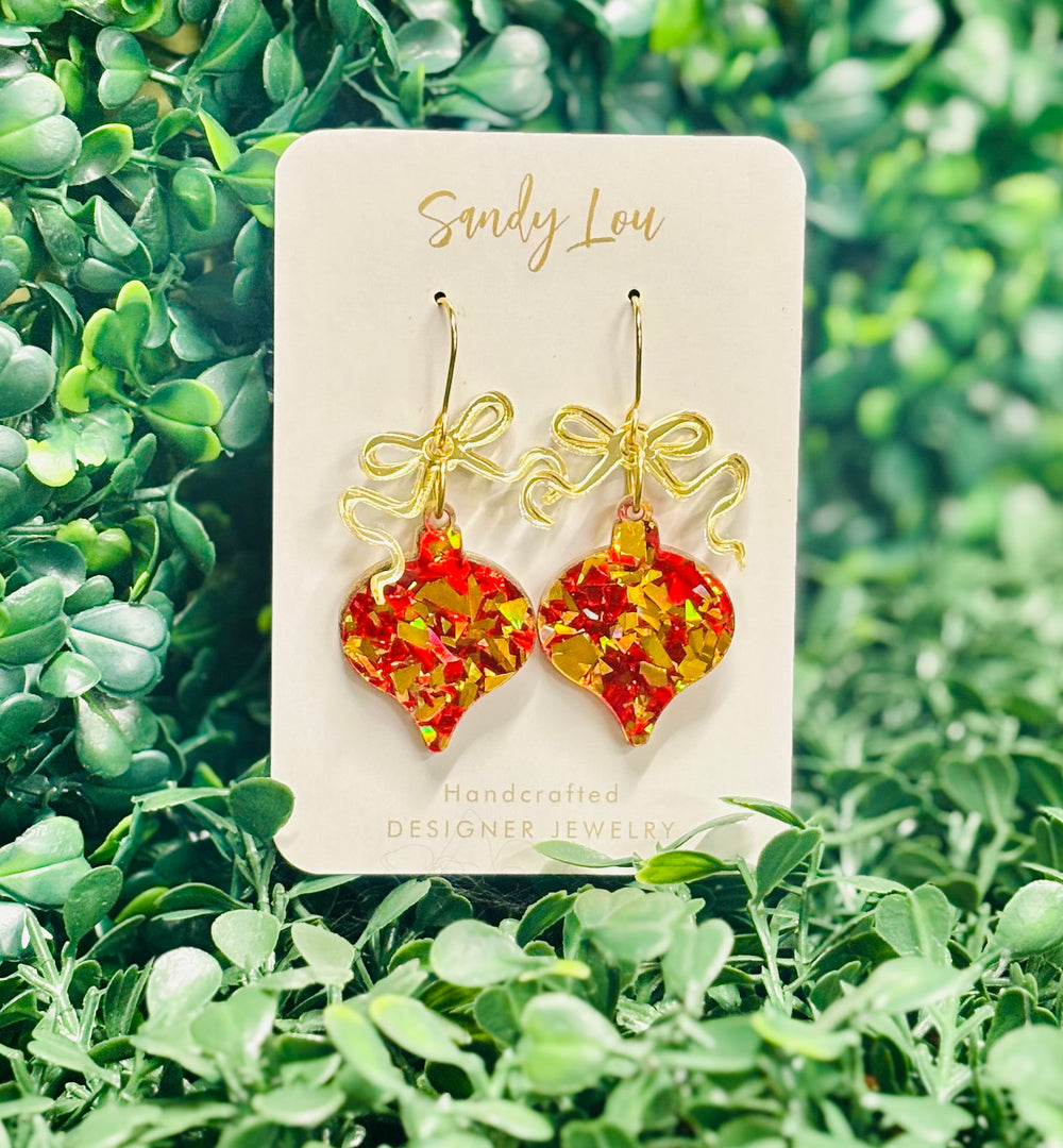 Merry Confetti Ornament Earrings Christmas - Red/Gold Glitter