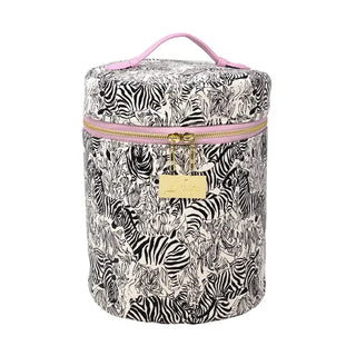 Barrel Train Case - Zebra
Print | Zebra — a bold Lilly Pulitzer signature print
Size | 8" W x 7.5" D x 10.5" H (20.3 cm x 19.1 cm x 26.7 cm)
Exterior | Printed pebbled faux leather
Interior | Durable poly twill and vinyl — easy to wipe clean
Organization | 5 large elastic bands to hold bottles upright; mesh zip pocket in lid for smaller essentials
Handles | Leatherette carry handles
