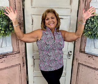 Beachtime sleeveless 1/4 zip tank with SPF sun protection, lightweight breathable fabric, quarter-zip neckline, travel-friendly warm weather top for walking, resort wear, and everyday comfort.