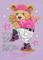 Simply Southern Tee
Bear Ball 
Give Me Your Best Shot 
Bear wearing softball uniform 
Printed on a lilac tee
