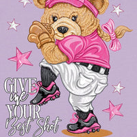 Simply Southern Tee
Bear Ball 
Give Me Your Best Shot 
Bear wearing softball uniform 
Printed on a lilac tee