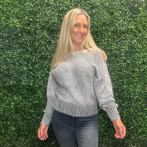Striped Print Ribbed Knit Boat Neck Baggy Sweater