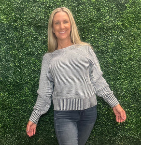 Striped Print Ribbed Knit Boat Neck Baggy Sweater