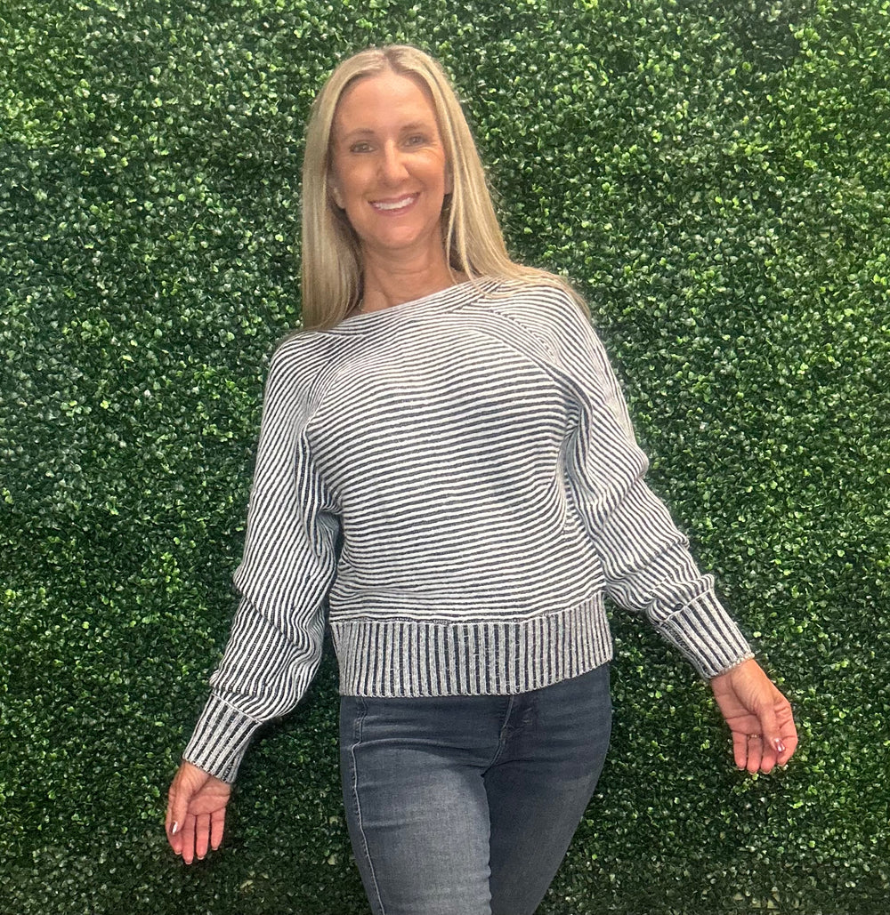Striped Print Ribbed Knit Boat Neck Baggy Sweater
