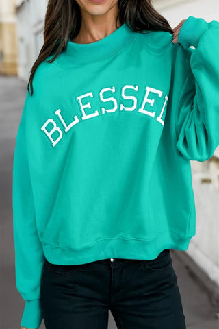 Blessed letter embroidered mock neck sweatshirt with relaxed fit and soft cotton blend fabric.

blessed sweatshirt, embroidered sweatshirt women, mock neck sweatshirt, casual women’s sweatshirt, faith inspired apparel, boutique sweatshirt, Sweet Southern Charm
