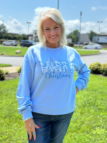 Blue Glitter Merry Christmas Sweatshirt
