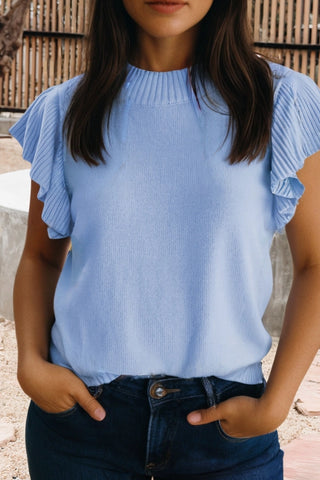 Blue ribbed trim ruffle sleeve sweater top for women lightweight feminine boutique knit summer top